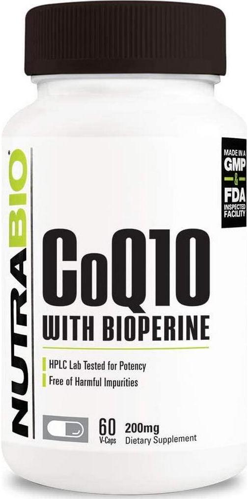 NutraBio CoQ10 Dietary Supplement with Bioperine (60 Capsules, 200mg)