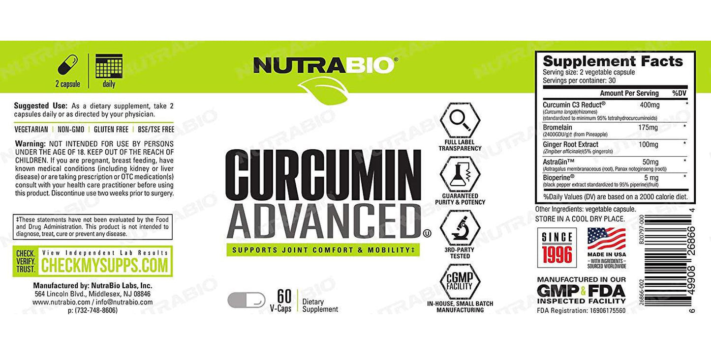 NutraBio Curcumin Advanced (60 Vegetable Capsules) - Digestion and Joint Support Complex