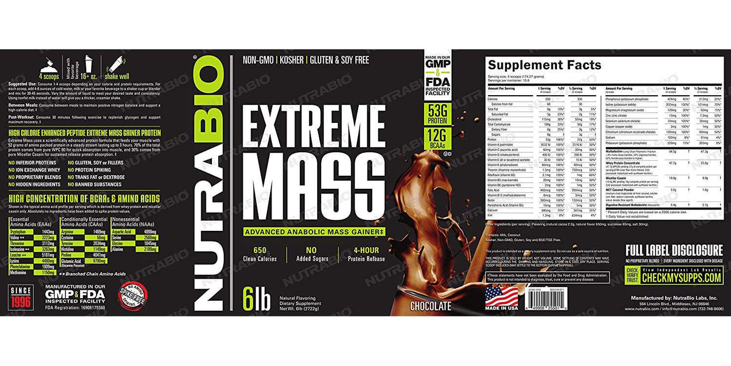NutraBio Extreme Mass - 53G Protein - Advanced Anabolic Muscle Mass Gainer Protein - High Calorie - Full Spectrum Amino Acid - Chocolate, 6 Pound