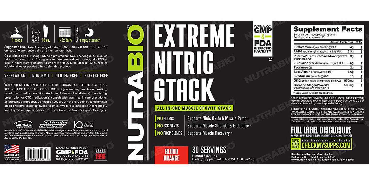 NutraBio Extreme Nitric Stack (Blood Orange) - Nitric Oxide and Cell Volumizing Formula