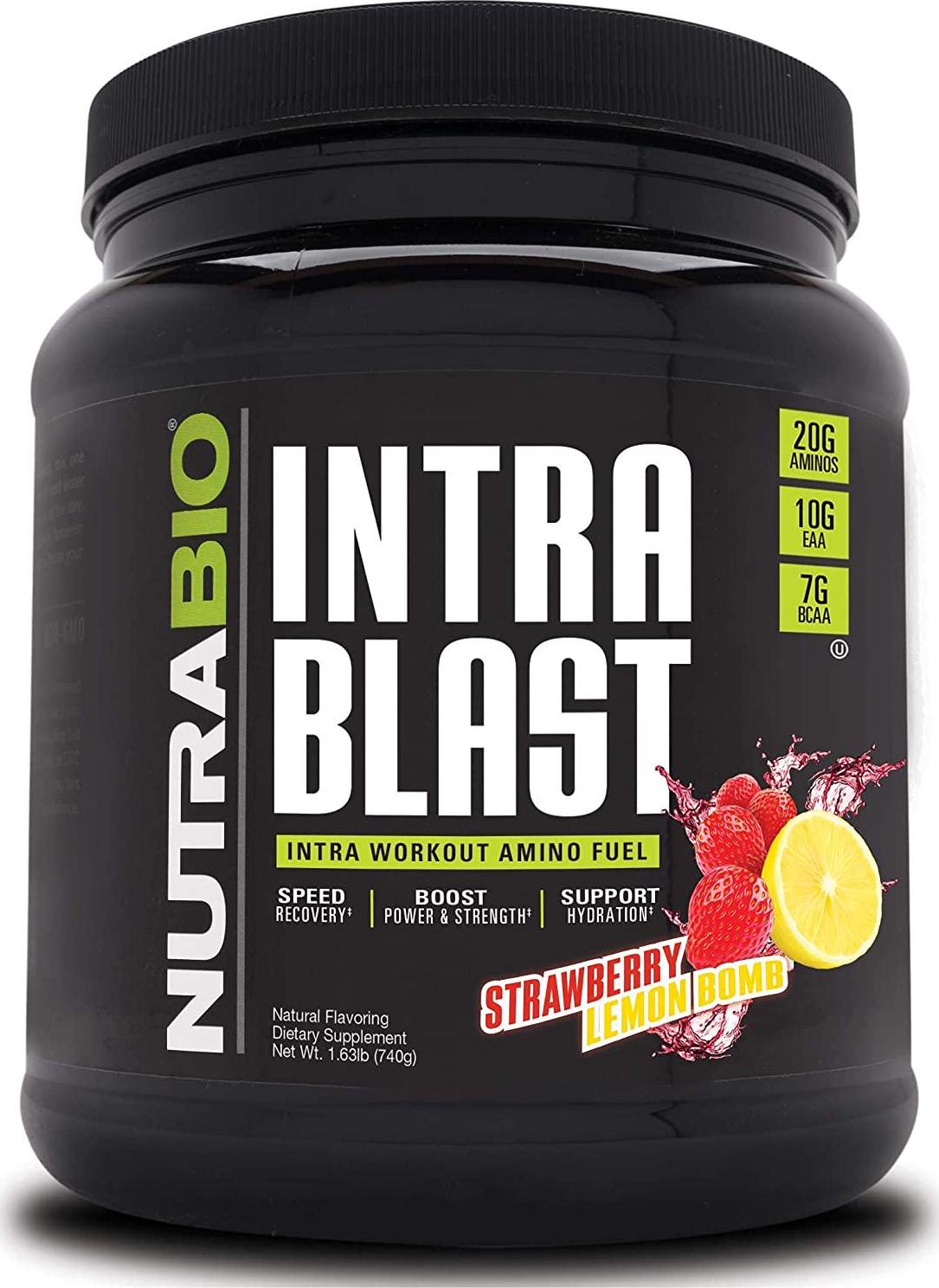 NutraBio Intra Blast - Advanced Electrolyte Performance Matrix - Amino Acid, EAA/BCAA Formula - Non-GMO, Gluten Free, Intra and Pre Workout Powder - 30 Servings - Strawberry Lemon Bomb