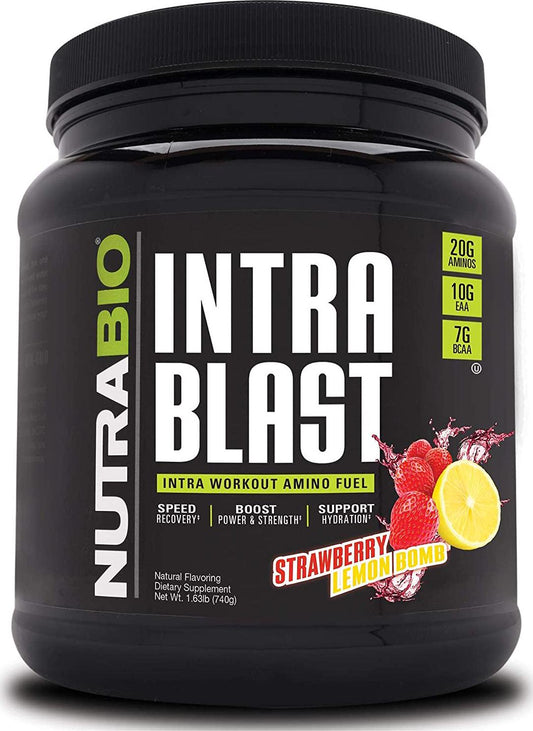 NutraBio Intra Blast - Advanced Electrolyte Performance Matrix - Amino Acid, EAA/BCAA Formula - Non-GMO, Gluten Free, Intra and Pre Workout Powder - 30 Servings - Strawberry Lemon Bomb