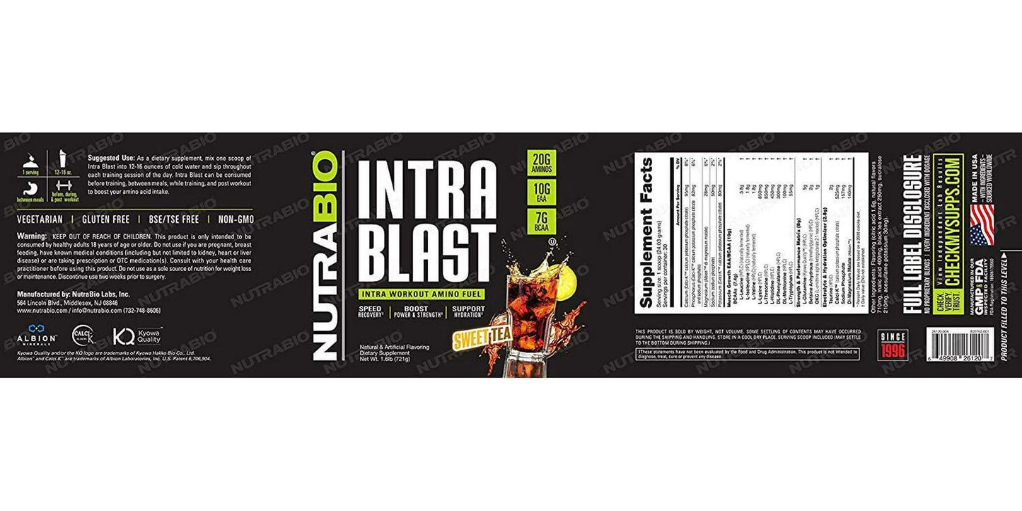 NutraBio Intra Blast - Advanced Electrolyte Performance Matrix - Amino Acid, EAA/BCAA Formula - Non-GMO, Gluten Free, Intra and Pre Workout Powder - 30 Servings - Sweet Tea