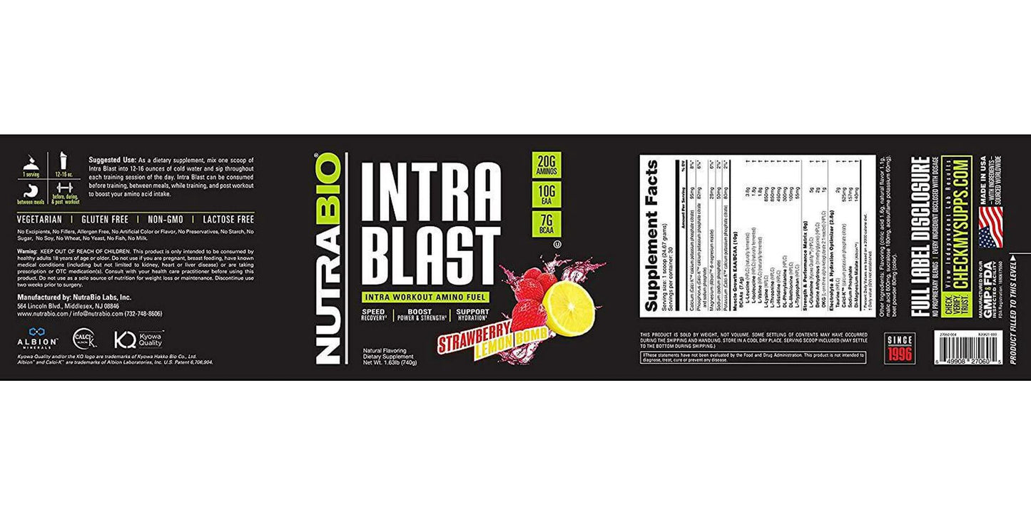 NutraBio Intra Blast - Advanced Electrolyte Performance Matrix - Amino Acid, EAA/BCAA Formula - Non-GMO, Gluten Free, Intra and Pre Workout Powder - 30 Servings - Strawberry Lemon Bomb