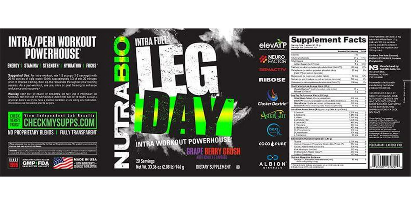 NutraBio Leg Day Intra Carb Supplement Advanced Carbohydrate Complex Amino Acid EAA/BCAA Formula Comprehensive Electrolyte Blend for Recovery and Performance Grape Berry