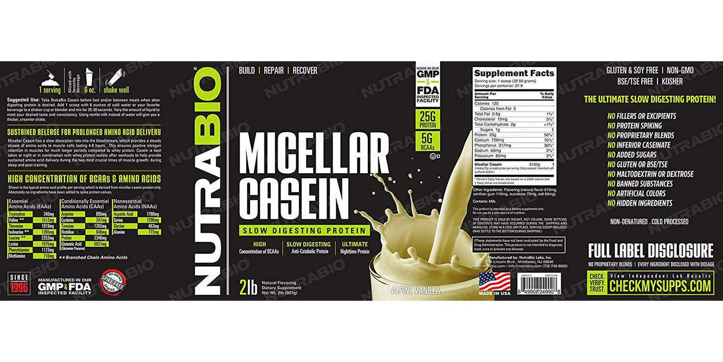 NutraBio Micellar Casein - Slow Digesting Protein Powder (2 Pounds, Alpine Vanilla)