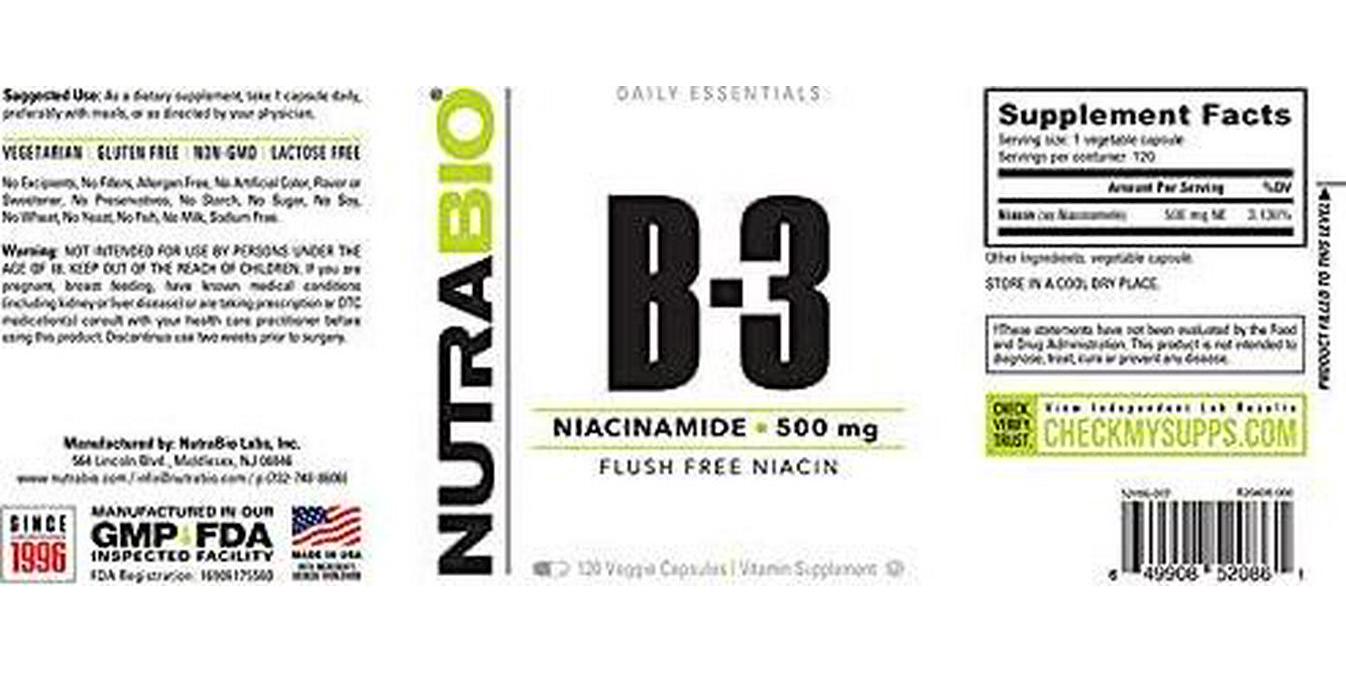 NutraBio Niacinamide Supplement - Flush Free Vitamin B3 (120 Vegetable Capsules, 500mg Each)
