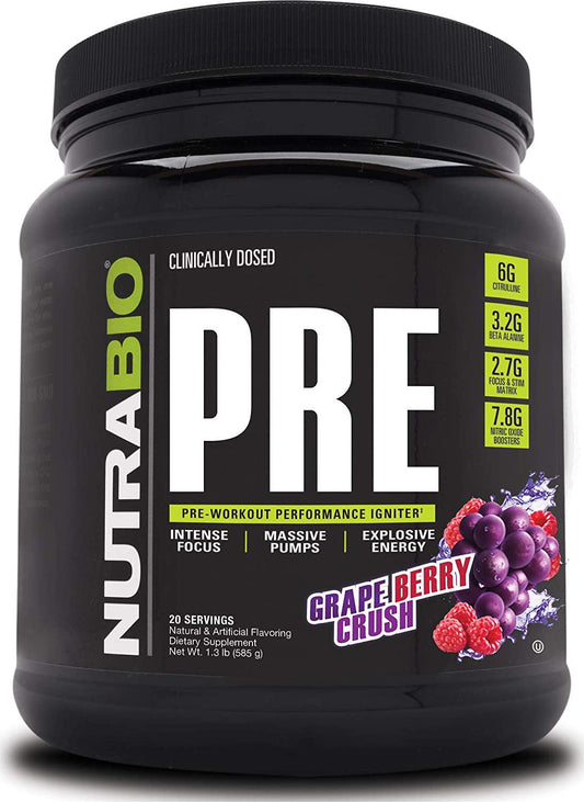 NutraBio PRE Workout Powder - Sustained Energy, Mental Focus, Endurance - Clinically Dosed Formula - Beta Alanine, Creatine, Caffeine, Electrolytes - 20 Servings - Grape Berry Crush