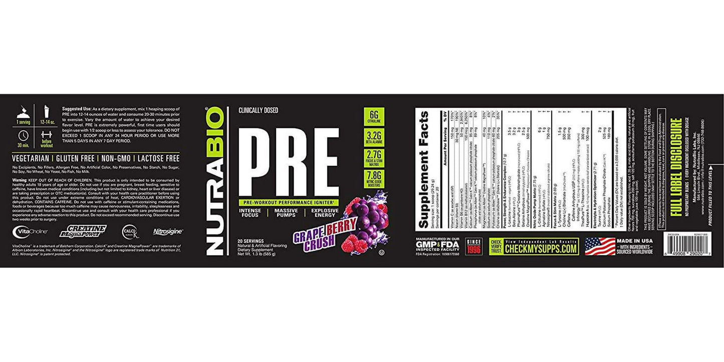 NutraBio PRE Workout Powder - Sustained Energy, Mental Focus, Endurance - Clinically Dosed Formula - Beta Alanine, Creatine, Caffeine, Electrolytes - 20 Servings - Grape Berry Crush
