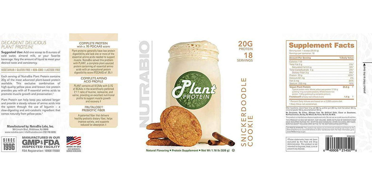 NutraBio Plant Protein Complete Amino Acid Profile 20G of Protein per Scoop Gluten and Dairy Free, Zero Fillers, Naturally Sweetened, Non-GMO, USA Made Protein Powder - Snickerdoodle Cookie