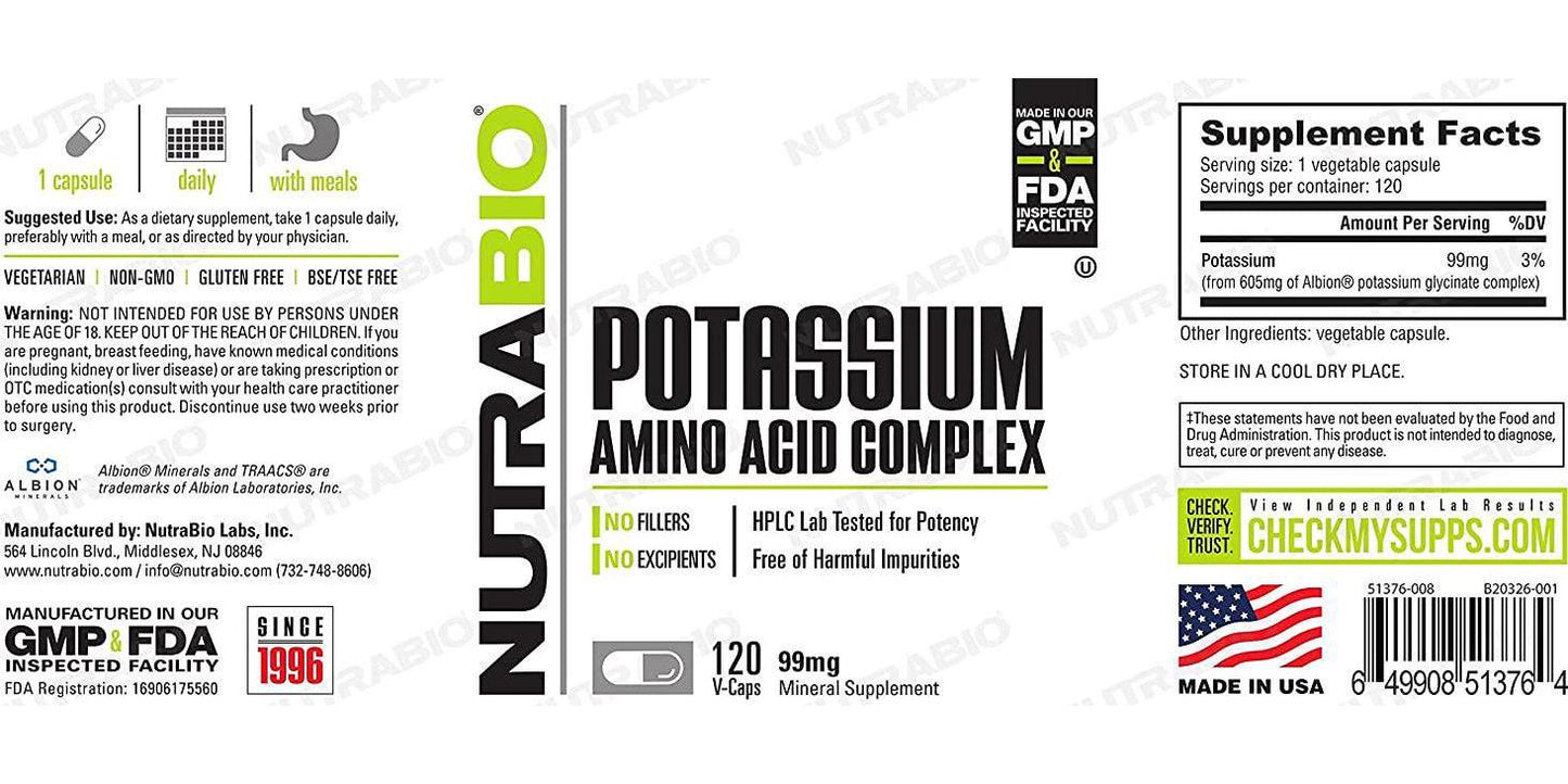 NutraBio Potassium Complex (99mg) - 120 Vegetable Capsules