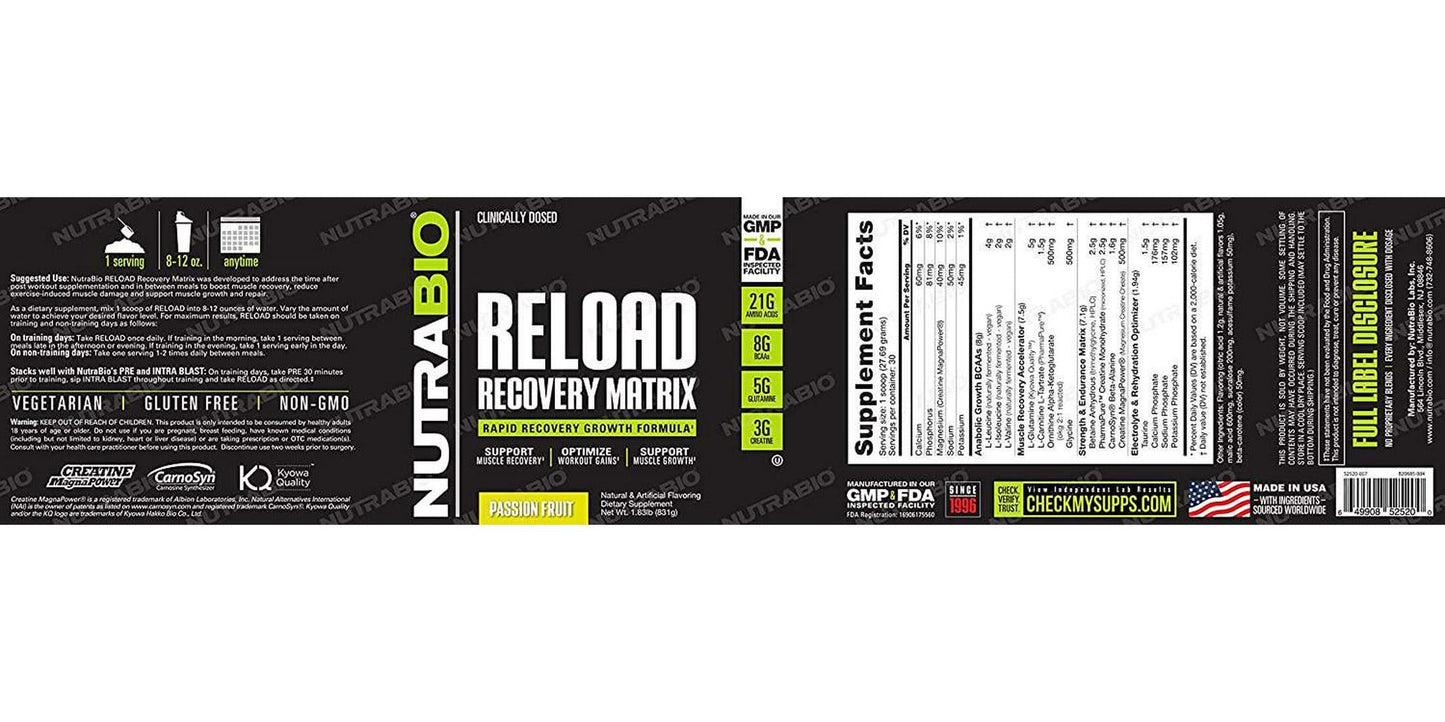 NutraBio Reload - 30 Servings (Passion Fruit)