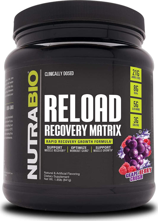 NutraBio Reload - Powerful Muscular Recovery Formula - Post-Workout Supplement - 3G Creatine - 8G BCAAs - 5G Glutamine - 30 Servings, Grape Berry Crush