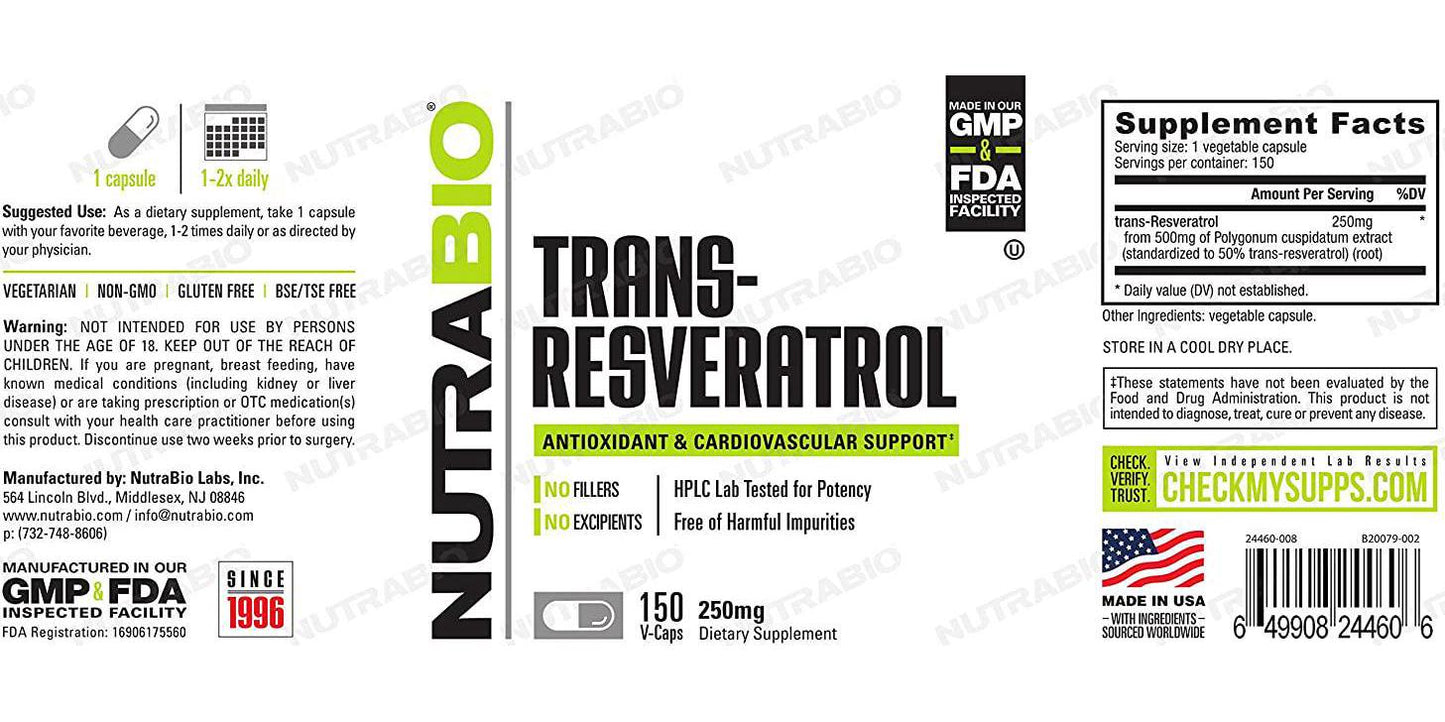 NutraBio Trans-Resveratrol Supplement, Natural Antioxidant, Fight Free Radicals, 250mg - 150 Capsules