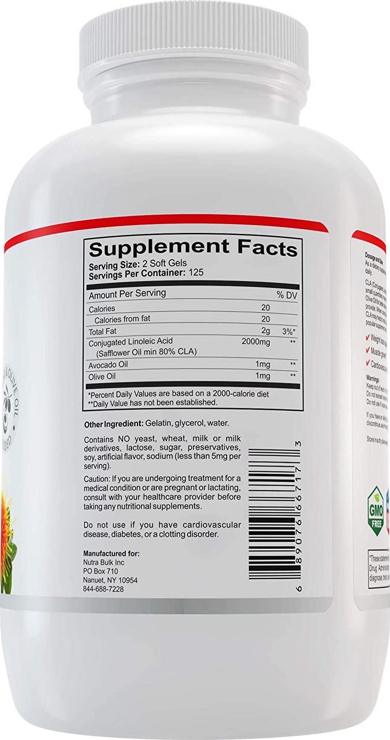 NutraBulk CLA (Conjugated Linoleic Acid) 1000mg Soft Gels - Made with Avocado and Olive Oil for Better Absorption - 250 Count