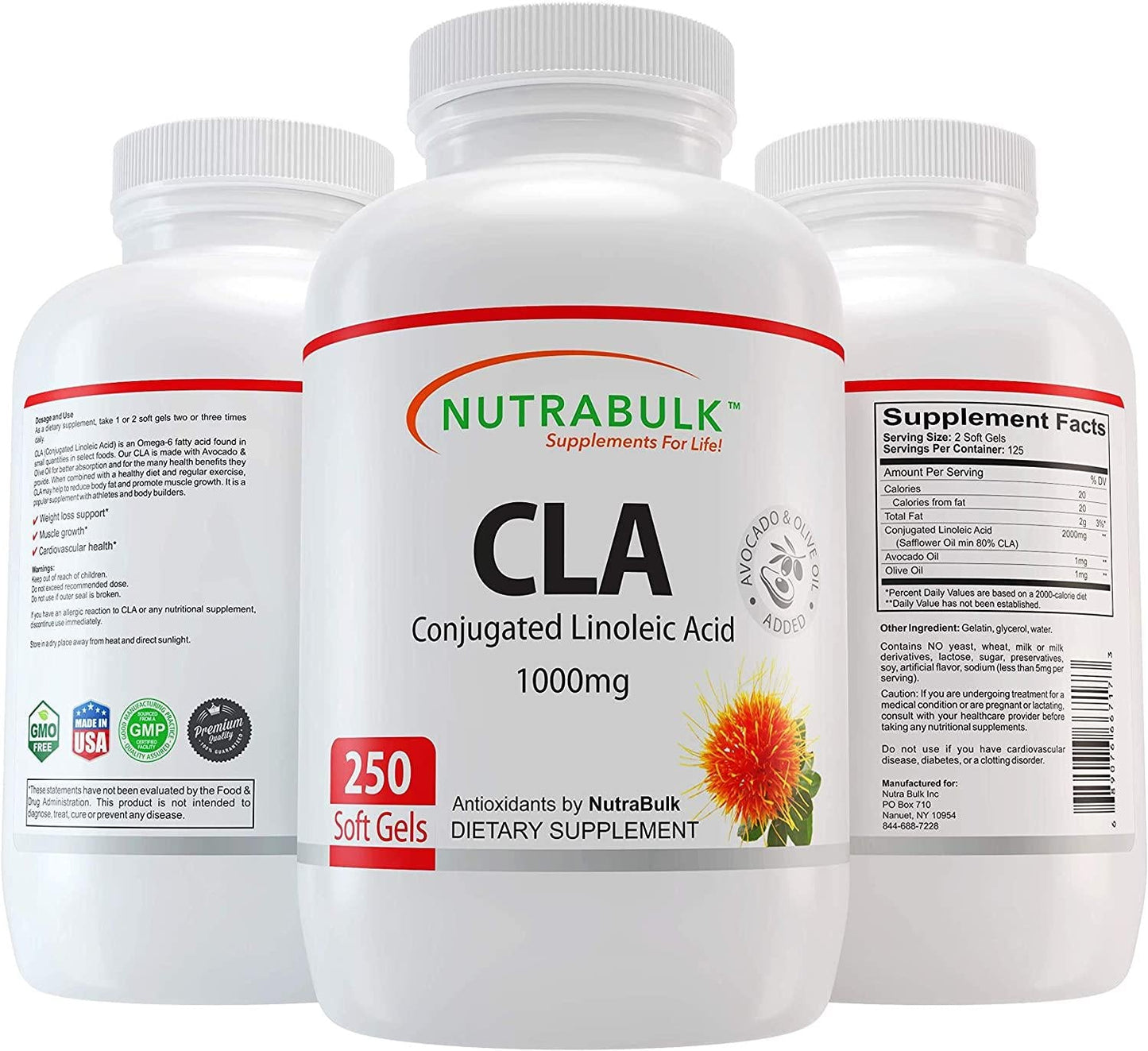NutraBulk CLA (Conjugated Linoleic Acid) 1000mg Soft Gels - Made with Avocado and Olive Oil for Better Absorption - 250 Count