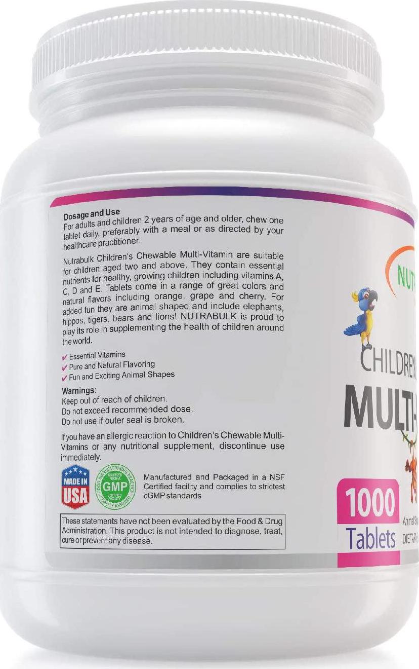 NutraBulk Children's Chewable Multi-Vitamin Tablets for Kids to Support Immune, Bone, and Brain, Contains All Natural Vitamins, Minerals, B Complex. Cherry Flavor (1000 Count)