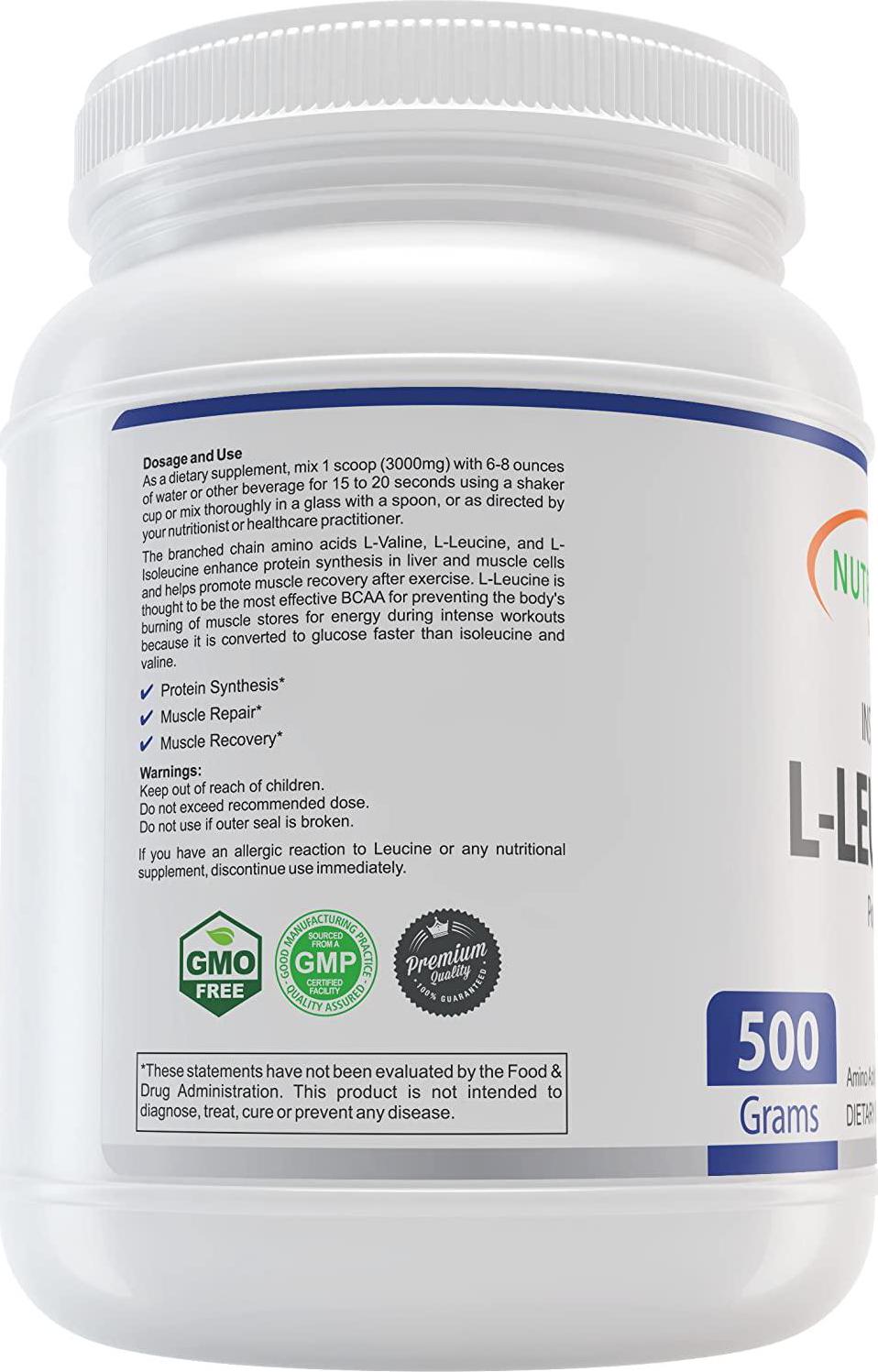 NutraBulk L-Leucine Instant Amino Acid Powder - 500 Grams (1.1lbs)