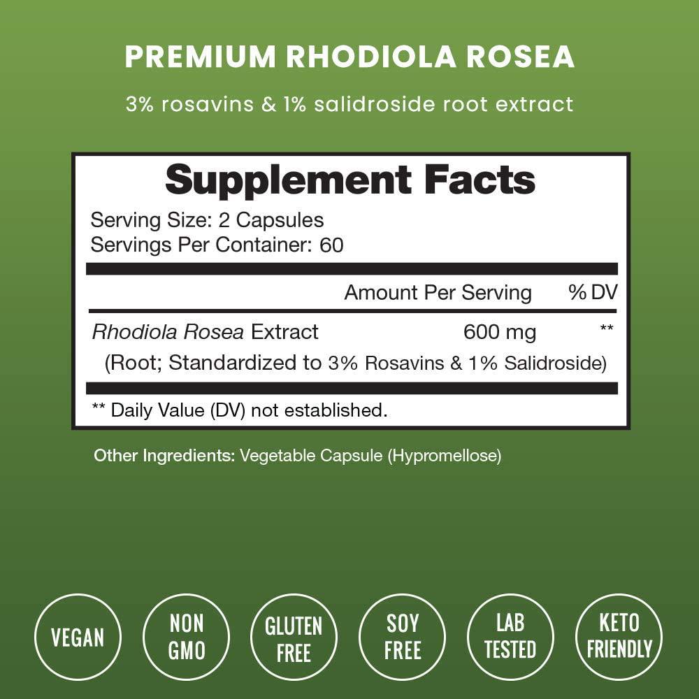 NutraChamps Rhodiola Rosea Supplement 600mg - 120 Count (Pack of 1) Capsules Siberian Root Extract 3% Rosavins and 1% Salidroside - Pure Maximum Strength Powder - 300mg Vegan Pills for Stress Relief, Mood, Focus and Energy