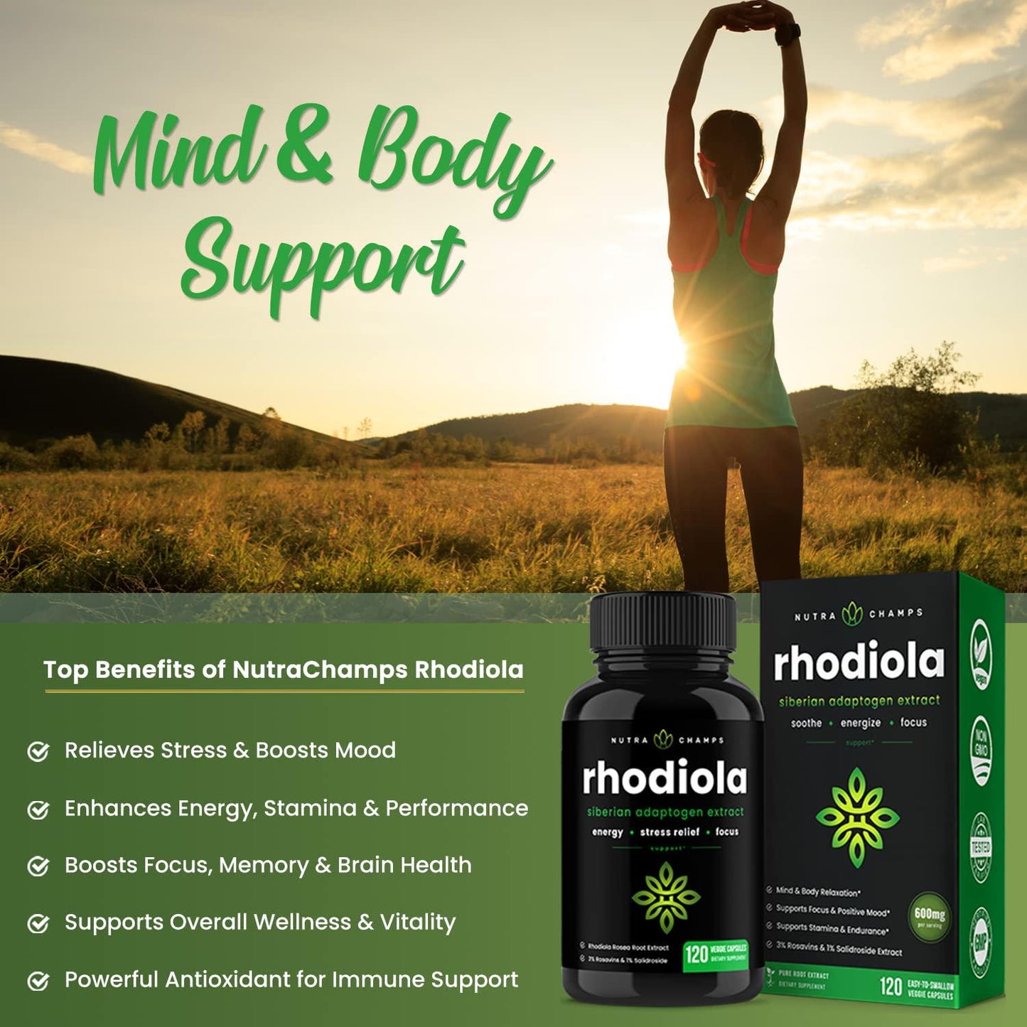 NutraChamps Rhodiola Rosea Supplement 600mg - 120 Count (Pack of 1) Capsules Siberian Root Extract 3% Rosavins and 1% Salidroside - Pure Maximum Strength Powder - 300mg Vegan Pills for Stress Relief, Mood, Focus and Energy