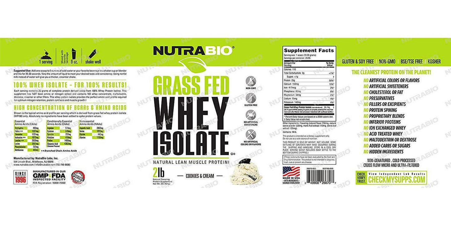 Nutrabio Grass-Fed Whey Protein Isolate 0.9kg Cookies and Cream