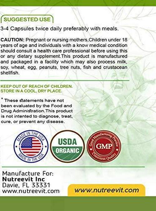 NutreeVit 100% Organic Wheatgrass Capsules - Immune Support, Anti-Inflammatory, High Fiber Capsules - Organic Vitamin C, A, and E Wheatgrass Powder with Calcium and Minerals - 200 Count Bottle