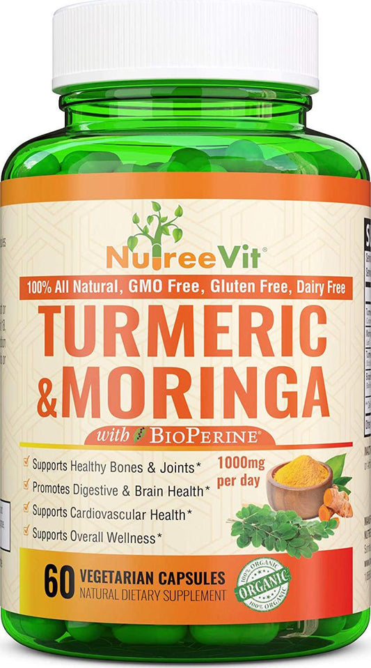 Nutreevit 100% Organic Turmeric Curcumin with Moringa Oleifera and Bioperine Supplement. Occasional Joint Pain Relief. Supports Inflammatory Response. Made in USA (200 Count)
