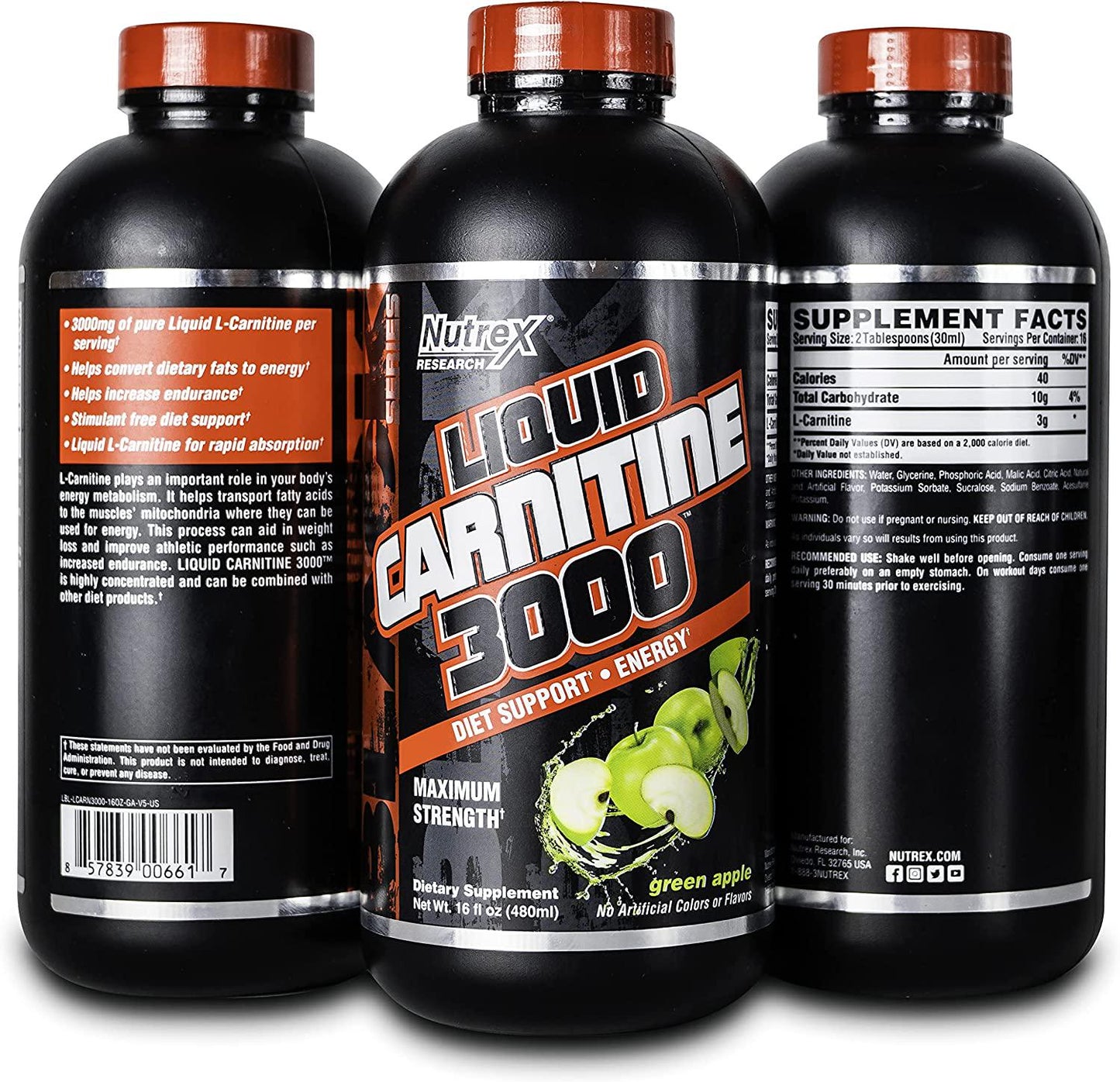 Nutrex Research Liquid Carnitine 3000 | Premium Liquid Carnitine, Stimulant Free, Fat Loss Support | Green Apple, 16 Fl Oz (Pack of 1)