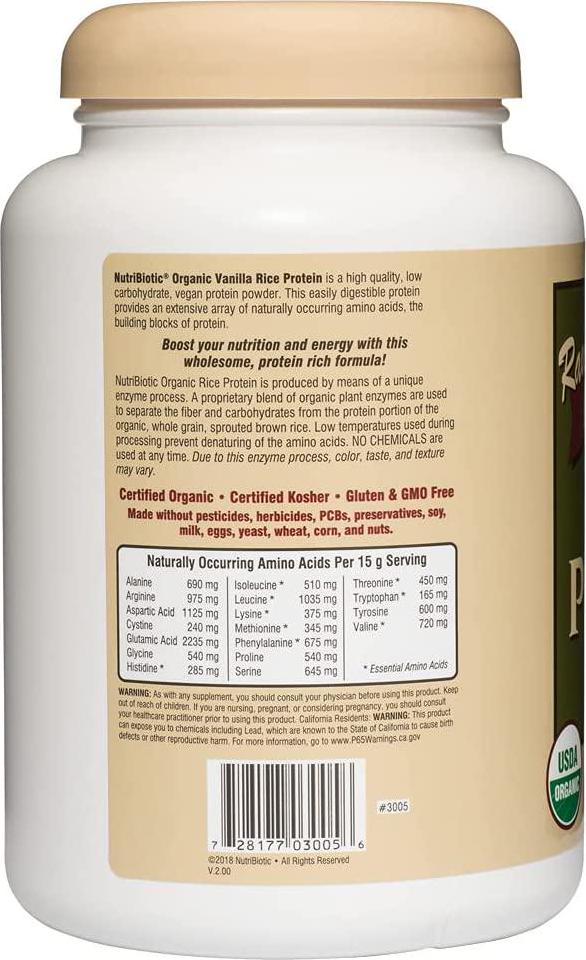 NutriBiotic Certified Organic Rice Protein Vanilla, 1 Lb. 5 Oz | Low Carbohydrate Vegan Protein Powder | Raw, Certified Kosher and Keto Friendly | Made without Chemicals, GMOs and Gluten | Easy to Digest