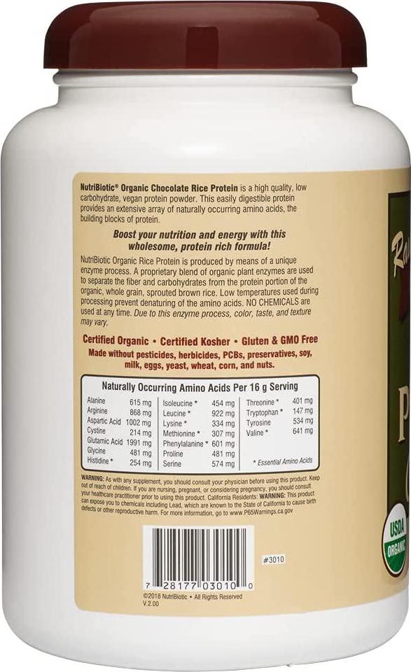 NutriBiotic Certified Organic Rice Protein Chocolate, 22.9 Oz | Low Carbohydrate Vegan Protein Powder | Raw, Certified Kosher and Keto Friendly | Made without Chemicals, GMOs and Gluten | Easy to Digest