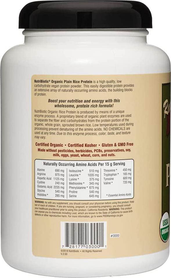 NutriBiotic Certified Organic Plain Rice Protein, 21 Ounce | Low Carbohydrate Vegan Protein Powder | Raw, Certified Kosher and Keto Friendly | Made without Chemicals, GMOs and Gluten | Easy to Digest