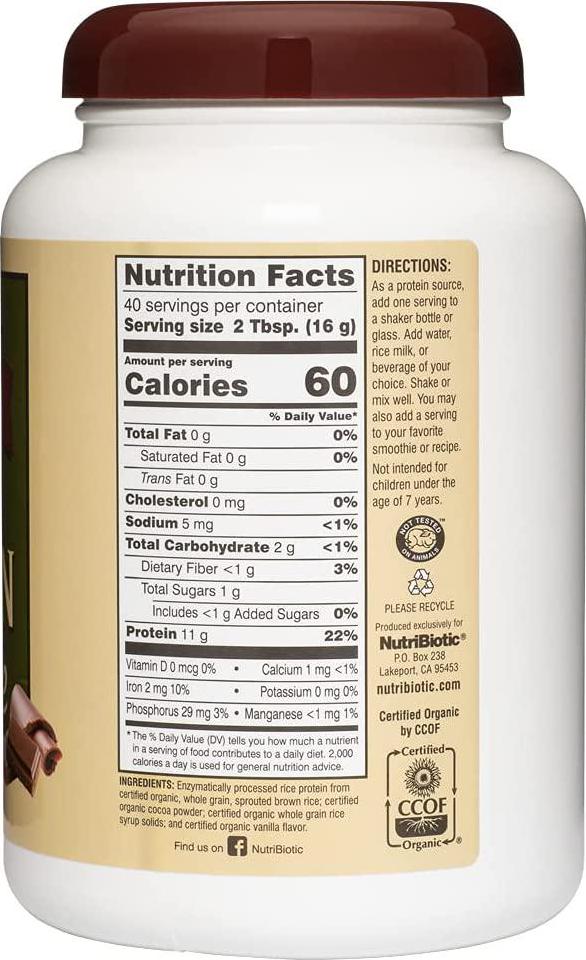 NutriBiotic Certified Organic Rice Protein Chocolate, 22.9 Oz | Low Carbohydrate Vegan Protein Powder | Raw, Certified Kosher and Keto Friendly | Made without Chemicals, GMOs and Gluten | Easy to Digest