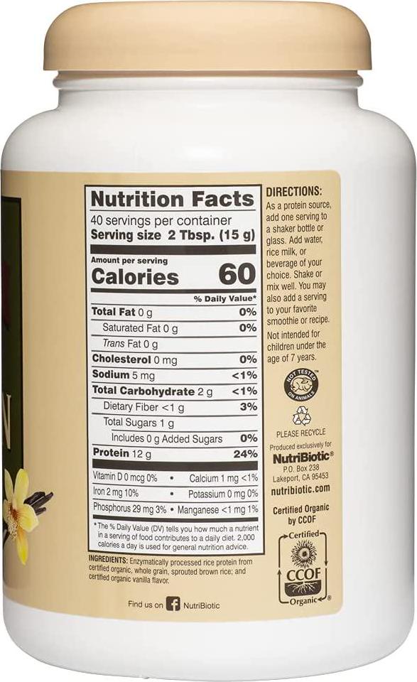 NutriBiotic Certified Organic Rice Protein Vanilla, 1 Lb. 5 Oz | Low Carbohydrate Vegan Protein Powder | Raw, Certified Kosher and Keto Friendly | Made without Chemicals, GMOs and Gluten | Easy to Digest