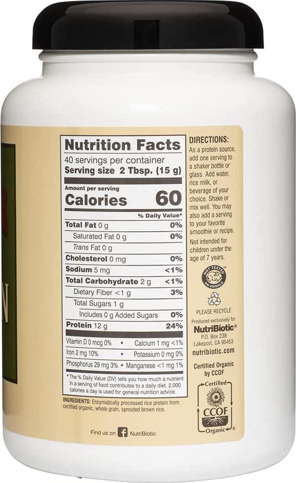 NutriBiotic Certified Organic Plain Rice Protein, 21 Ounce | Low Carbohydrate Vegan Protein Powder | Raw, Certified Kosher and Keto Friendly | Made without Chemicals, GMOs and Gluten | Easy to Digest