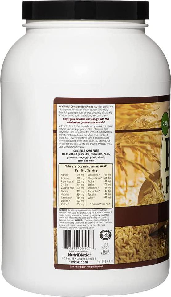NutriBiotic Chocolate Rice Protein, 3 Lb (1.36kg) | Low Carb, Vegetarian and Keto-Friendly Raw Protein Powder | Grown and Processed without Chemicals, GMOs or Gluten | Easy to Digest and Nutrient-Rich