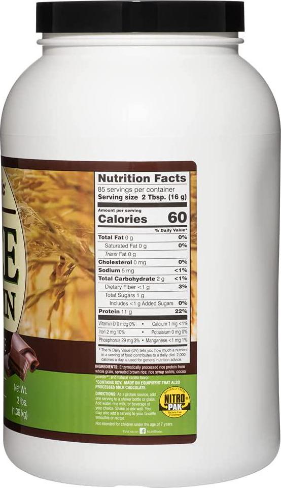 NutriBiotic Chocolate Rice Protein, 3 Lb (1.36kg) | Low Carb, Vegetarian and Keto-Friendly Raw Protein Powder | Grown and Processed without Chemicals, GMOs or Gluten | Easy to Digest and Nutrient-Rich