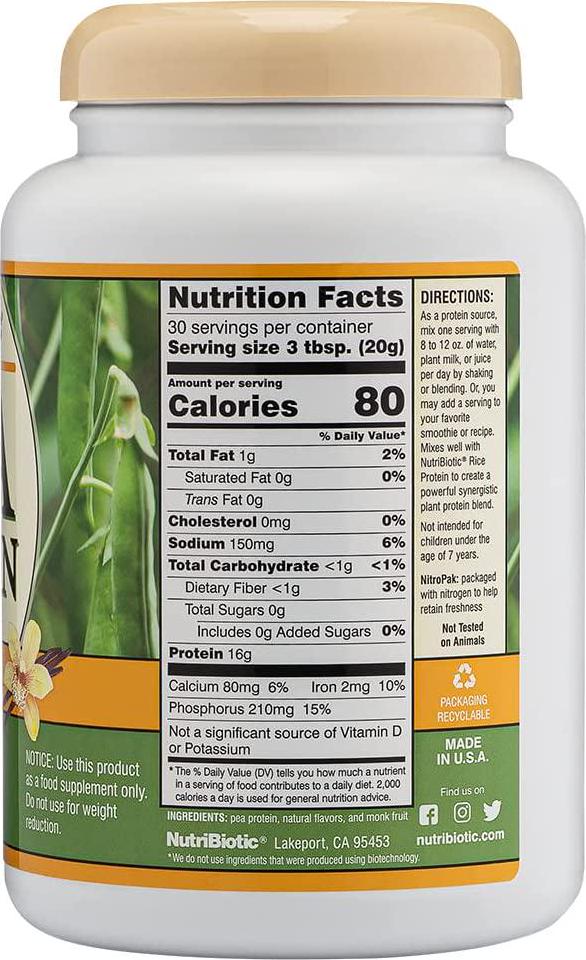 NutriBiotic Pea Protein Vanilla 21 Oz | Low Carb Vegan Plant Protein Powder | 100% Grown and Processed in the USA | Deliciously Creamy and BCAA-Rich | Made without Chemicals, GMOs and Gluten | Keto Friendly