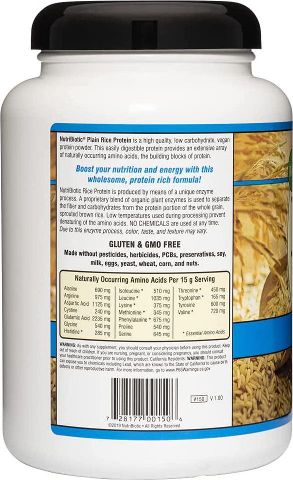 NutriBiotic Plain Rice Protein, 1 Lb. 5 Oz. (600g) | Low Carb, Keto-Friendly, Vegan, Raw Protein Powder | Grown and Processed without Chemicals, GMOs or Gluten | Easy to Digest and Nutrient-Rich
