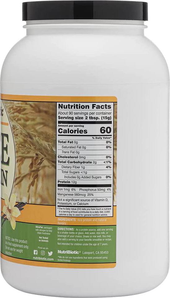 NutriBiotic Vanilla Rice Protein, 3 Lb (1.36kg) | Low Carb, Keto-Friendly, Vegan, Raw Protein Powder | Grown and Processed without Chemicals, GMOs or Gluten | Easy to Digest and Nutrient Rich