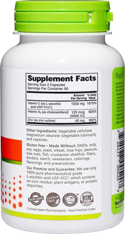 NutriBiotic – Vitamin C + Vitamin D3 and Zinc, 100 Capsules | Potent, Comprehensive Immune Support | Essential and Antioxidant Daily Supplement | Gluten and GMO Free