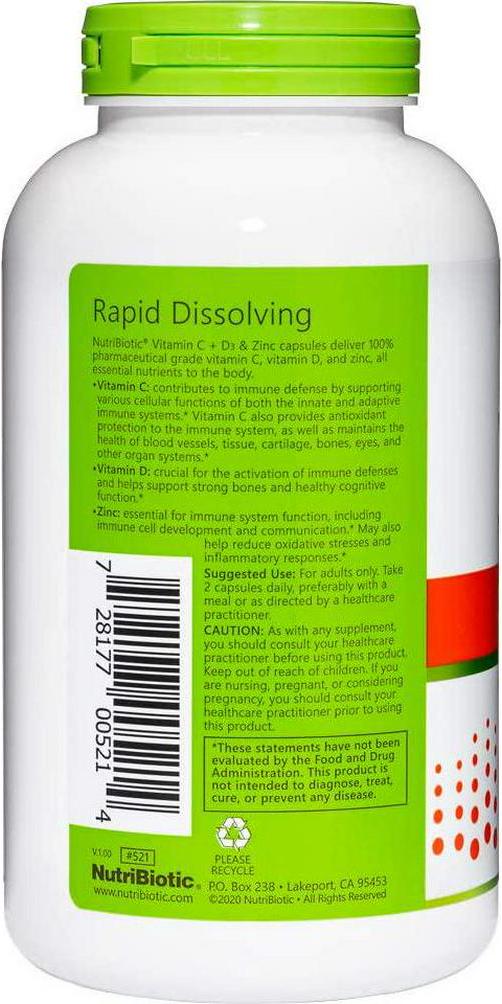 NutriBiotic – Vitamin C + Vitamin D3 and Zinc, 250 Capsules | Potent, Comprehensive Immune Support | Essential and Antioxidant Daily Supplement | Gluten and GMO Free