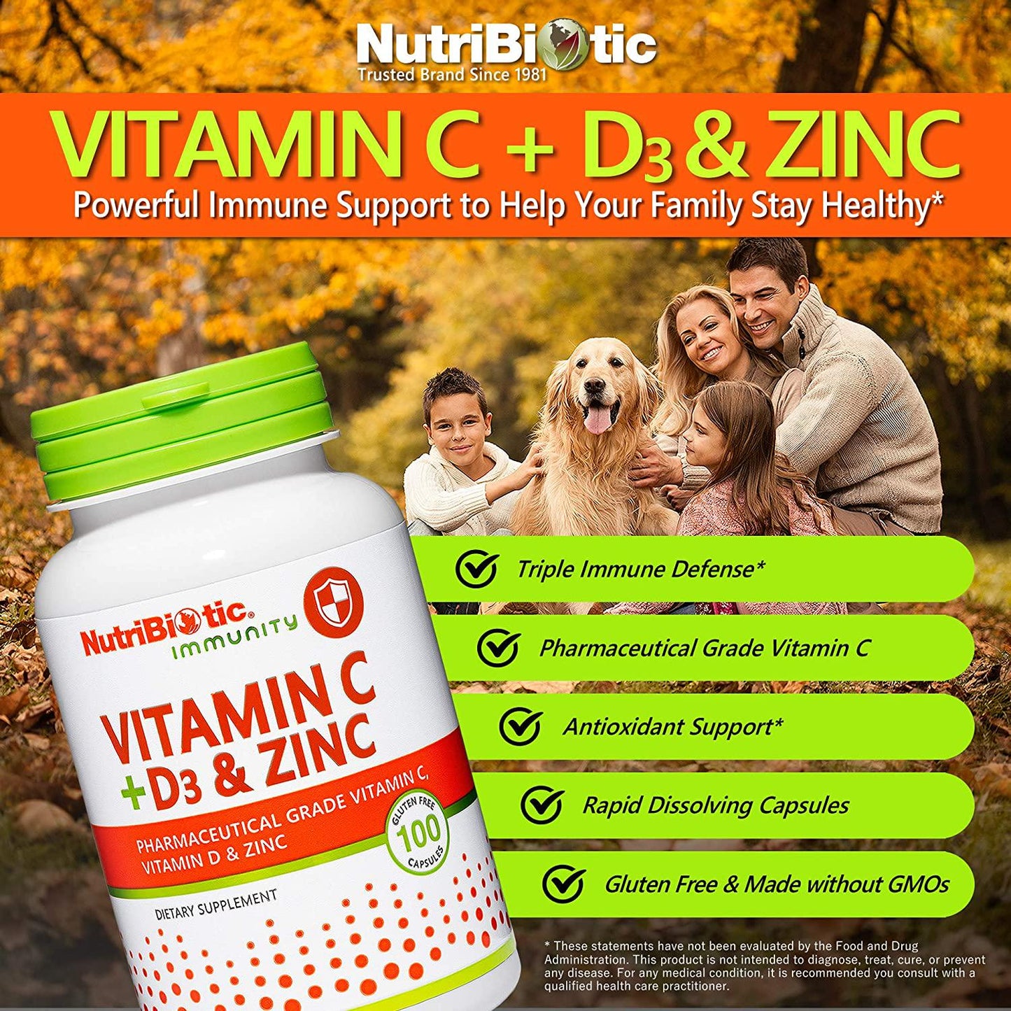 NutriBiotic – Vitamin C + Vitamin D3 and Zinc, 100 Capsules | Potent, Comprehensive Immune Support | Essential and Antioxidant Daily Supplement | Gluten and GMO Free
