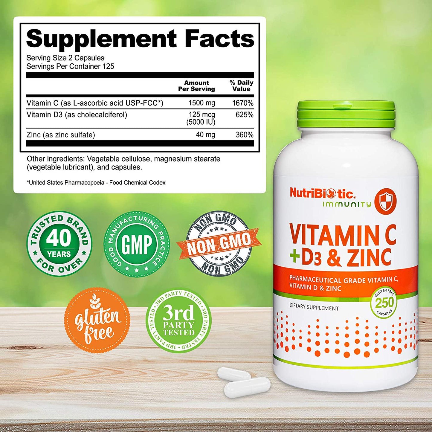 NutriBiotic – Vitamin C + Vitamin D3 and Zinc, 250 Capsules | Potent, Comprehensive Immune Support | Essential and Antioxidant Daily Supplement | Gluten and GMO Free