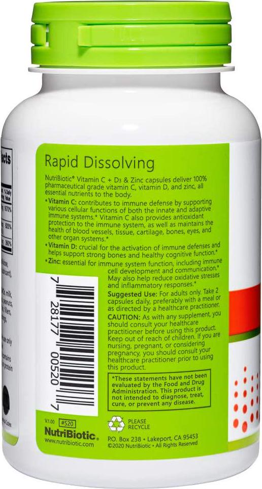 NutriBiotic – Vitamin C + Vitamin D3 and Zinc, 100 Capsules | Potent, Comprehensive Immune Support | Essential and Antioxidant Daily Supplement | Gluten and GMO Free