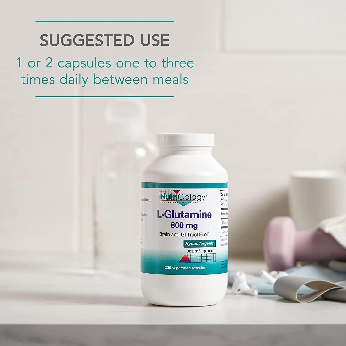 NutriCology L-Glutamine 800mg - Brain and GI Tract Fuel - Amino Acid - 250 Vegetarian Capsules