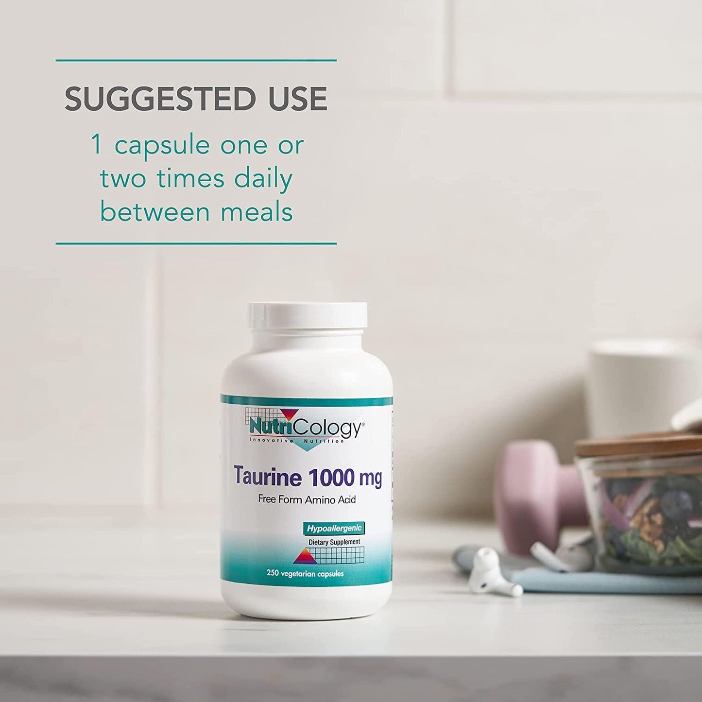 NutriCology Taurine 1000 mg - Energy, Cardiovascular Support - 250 Vegetarian Capsules