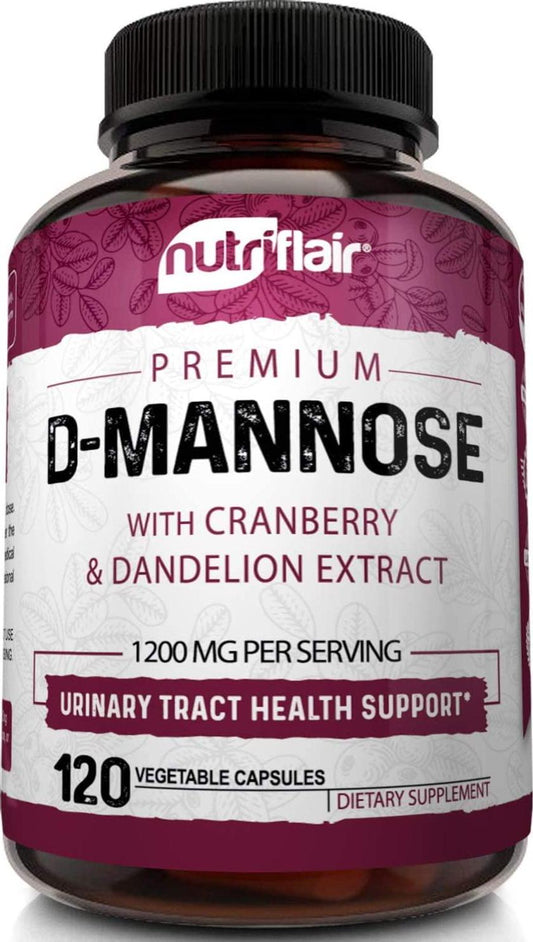 NutriFlair D Mannose 1200mg, 120 Capsules - with Cranberry and Dandelion Extract - Natural Urinary Tract Infection, UTI Support - Best DMannose Powder - Flush Impurities, Detox Body, for Women and Men