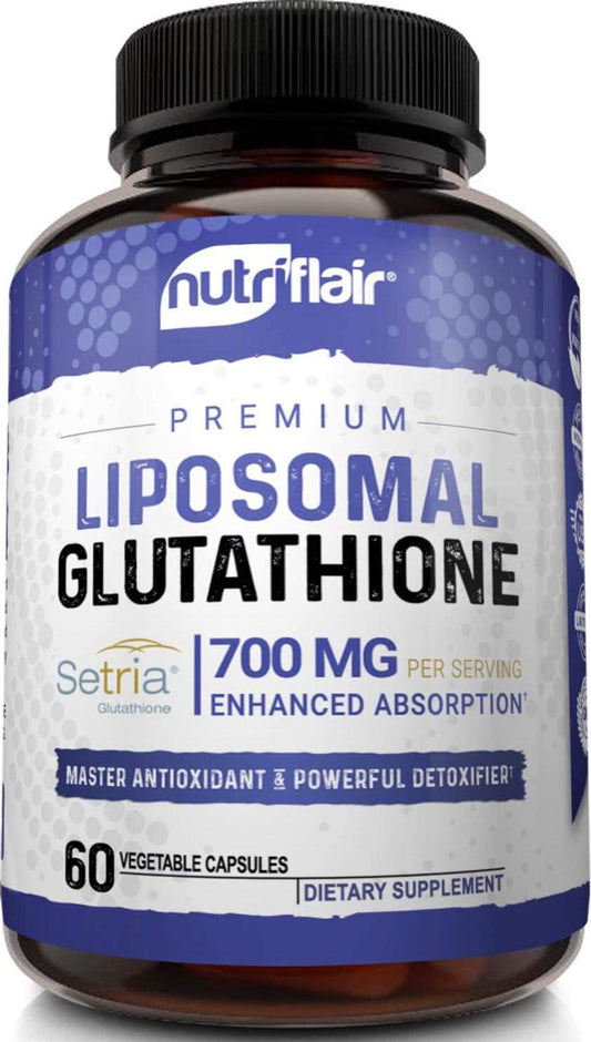 NutriFlair Liposomal Glutathione Setria 700mg - Pure Reduced, Stable, Active Form L Glutathione reductase (GSH), Enhanced Absorption - Non GMO Antioxidant, Detox, Cardiovascular, Brain, Immune Health