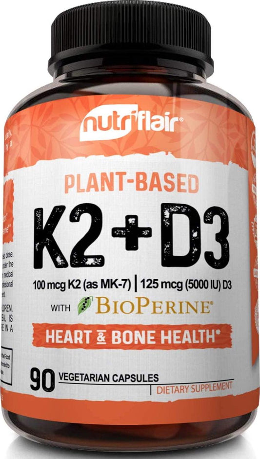 NutriFlair Vitamin K2 (MK7) with D3 5000 IU Supplement with BioPerine (Black Pepper) for Immune System Support, Strong Bones and Heart Health (90 Tiny Easy to Swallow Vegetable Capsules)