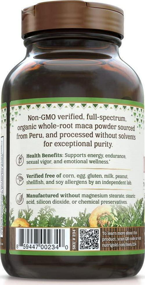 NutriGold #1 Organic Maca Root Powder Capsules - Maca Gold, 500 mg, 180 Plantcaps - GMO-free, Preservative-free, Gold Standard Peruvian Maca Root Pills